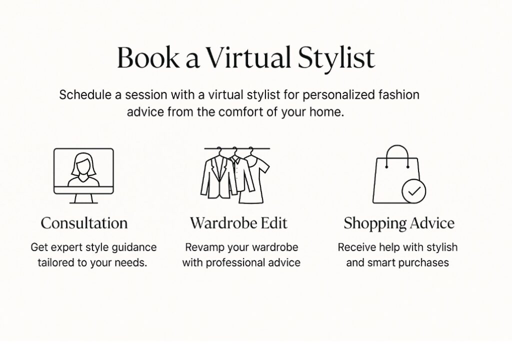 A clean and simple booking page for virtual styling services, showing a streamlined process.