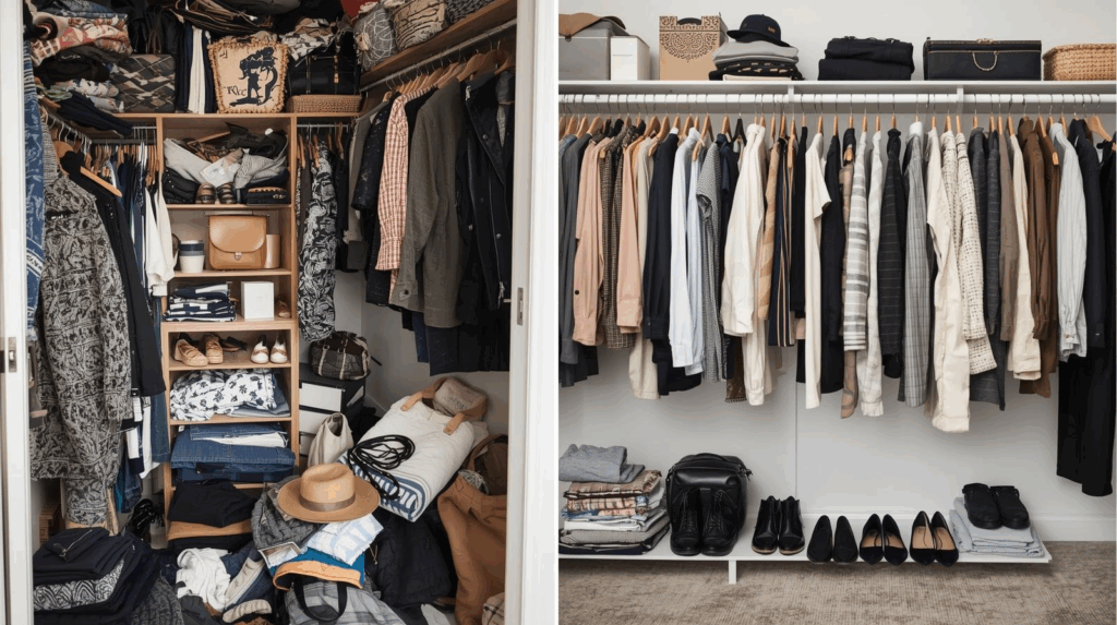 Side-by-side comparison of a messy, cluttered closet and a clean, organized capsule wardrobe with neatly arranged clothes, shoes, and accessories, demonstrating the transformation from chaos to curated style.