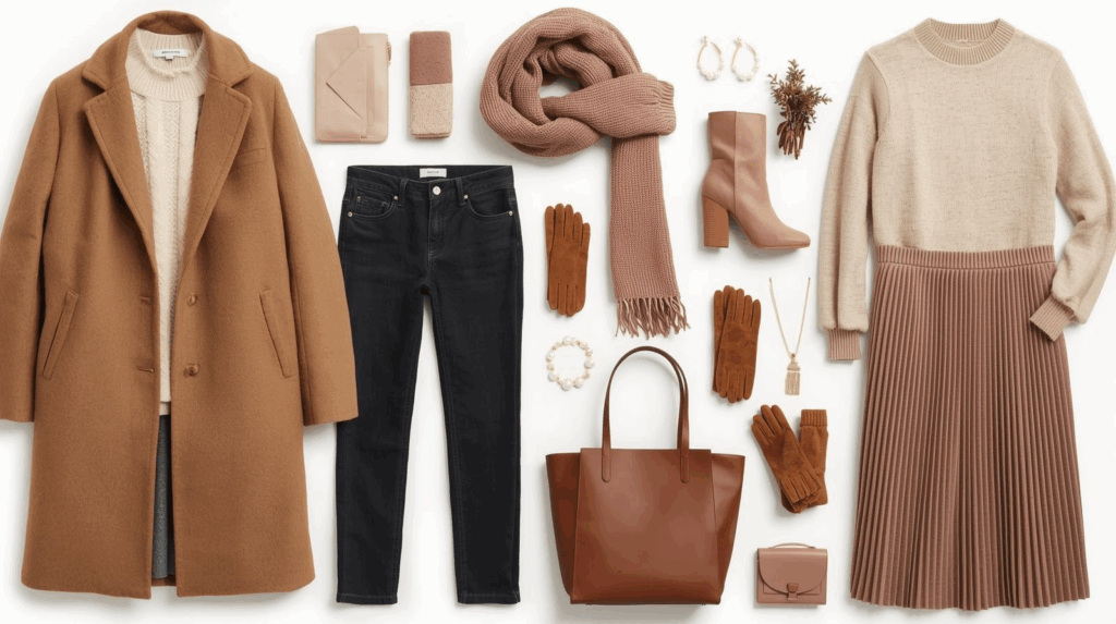 Minimalist capsule wardrobe flat lay featuring neutral tops, bottoms, and accessories.