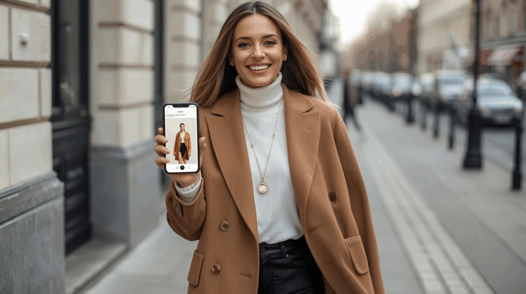 Woman wearing a stylish outfit holding her phone showing the same outfit displayed digitally.