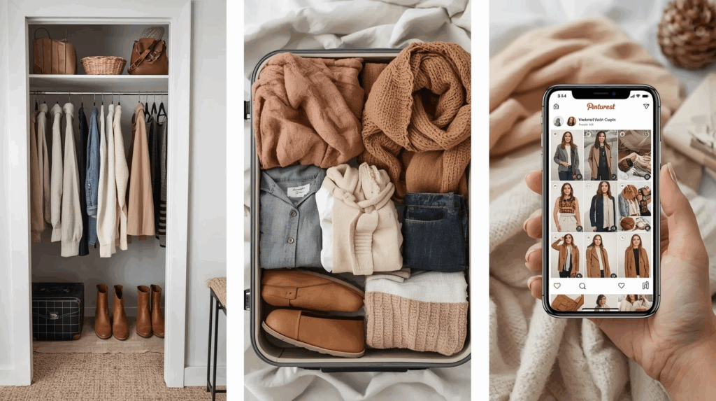 Side-by-side images of a neatly organized capsule wardrobe in a closet, a perfectly packed capsule wardrobe in a suitcase, and a digital capsule wardrobe displayed on a smartphone screen.