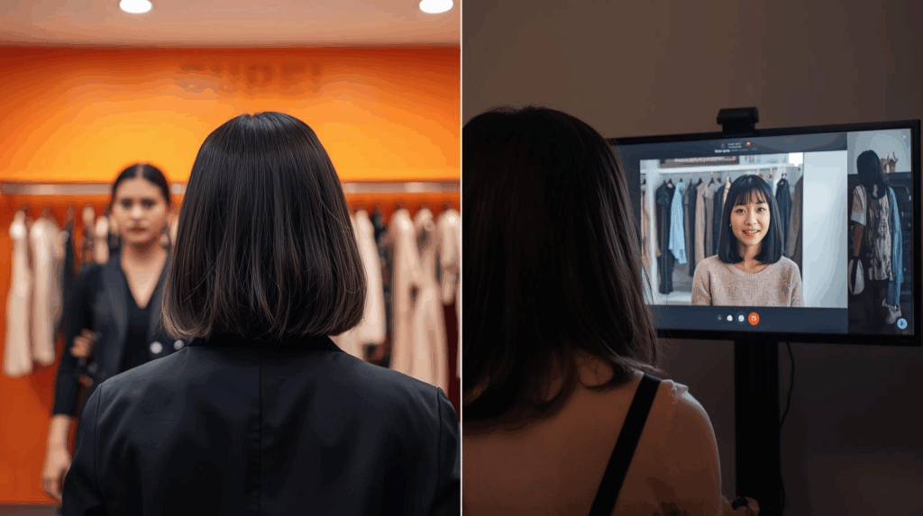 A side-by-side visual comparison of a traditional in-person styling session versus a virtual one.