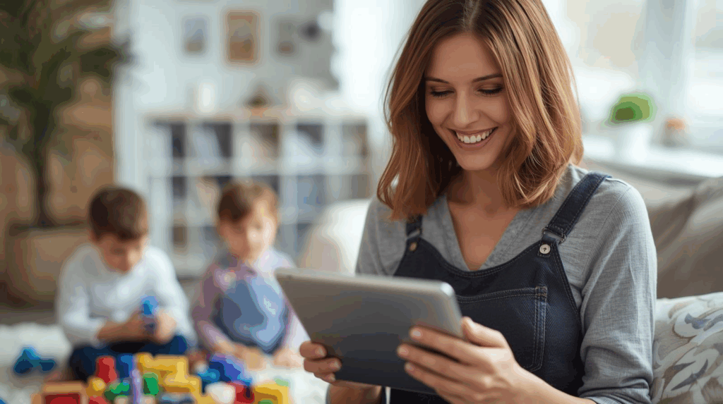 A busy professional at home with kids, working with a virtual stylists via a tablet while multitasking.