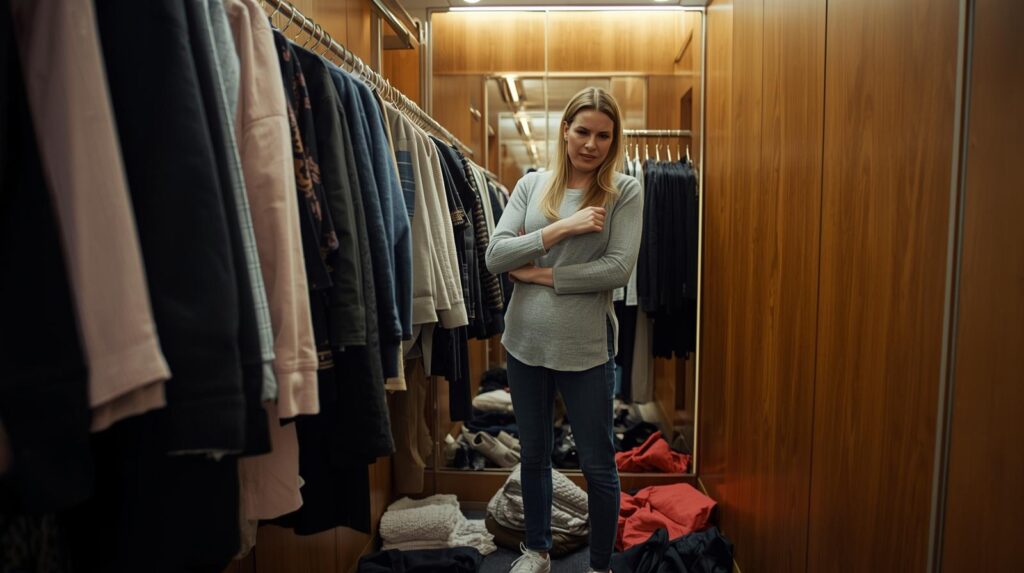 woman standing in a department store clothing dressing room overwhelmed by all of the options.