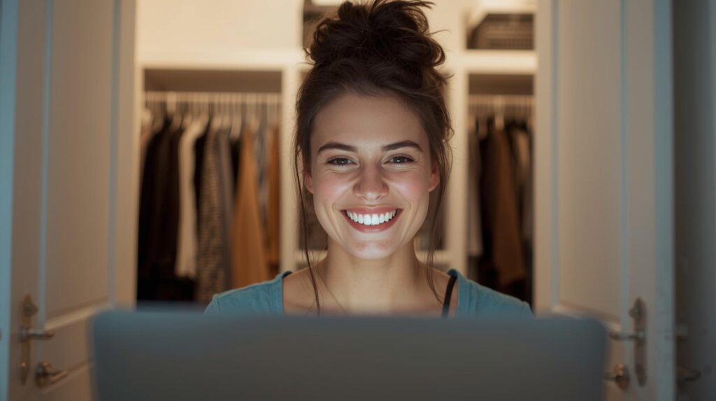 Woman on a Zoom call receiving personalized style advice from a virtual stylist.