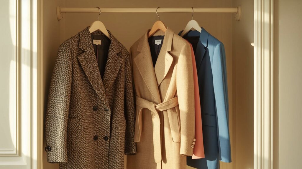 Woman in purple coat on the street. She is styled for cold weather in the spring.